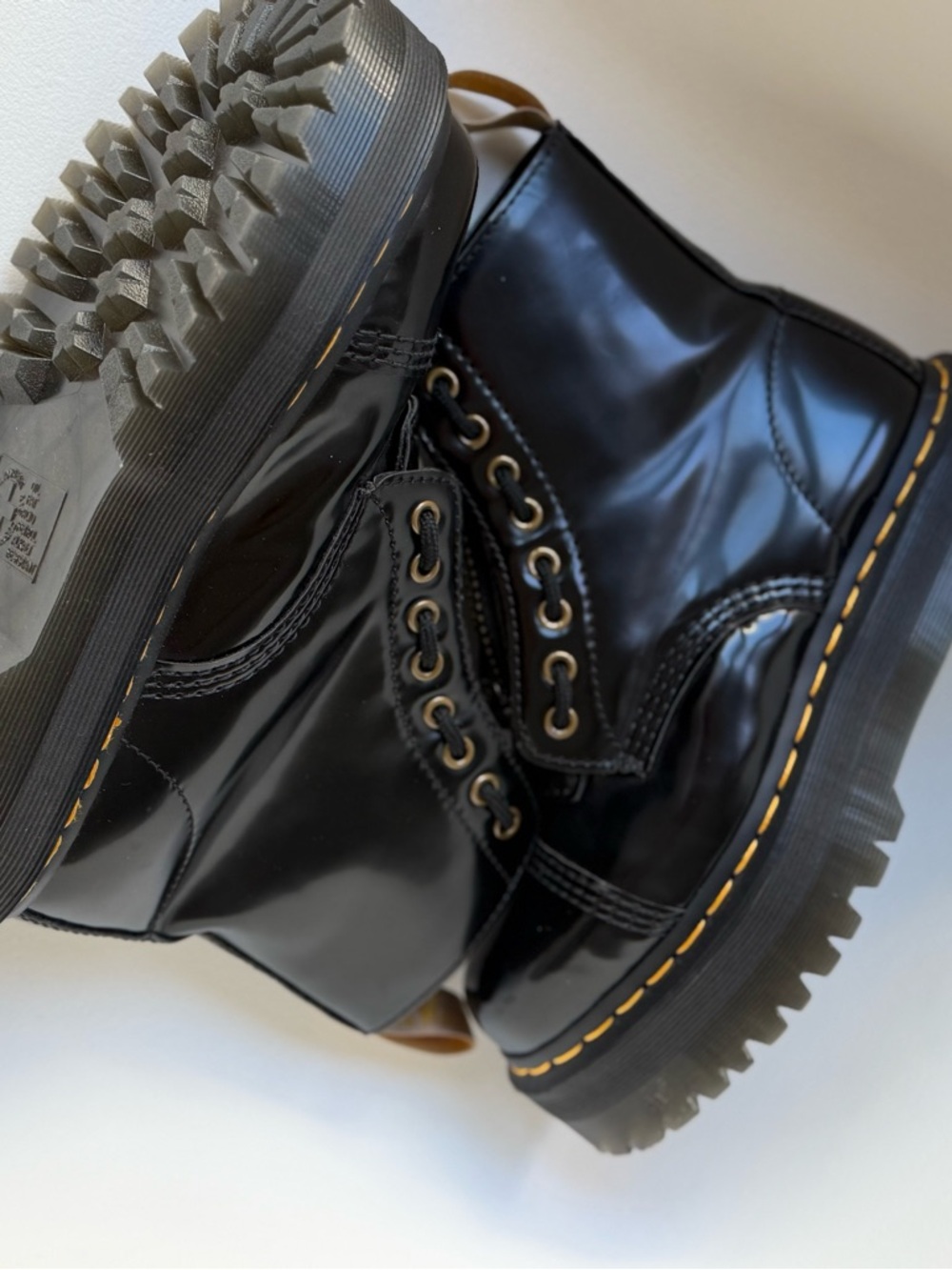 Dr. Martens Black Patent Leather Combat Boots with Yellow Stitching